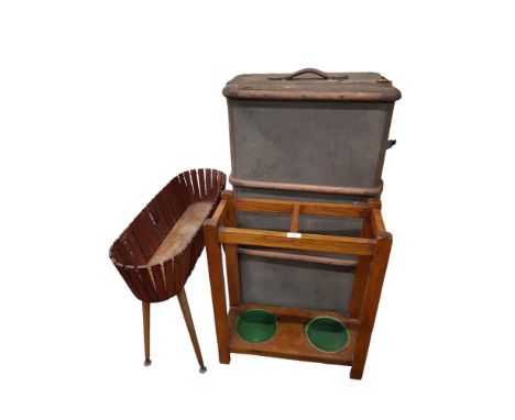 ANTIQUE TRUNK, PLANTER &amp; STICK/UMBRELLA STAND WITH DRIP TRAYS 