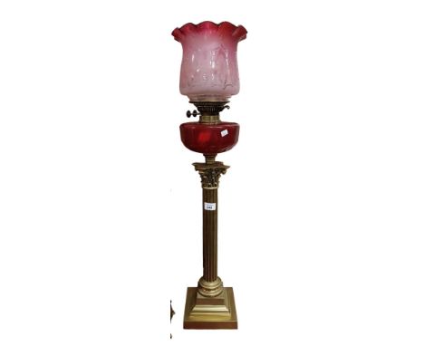 LARGE VICTORIAN 3 FT RUBY OIL LAMP - PERFECT CONDITION - HEAVY CUT BOWL 
