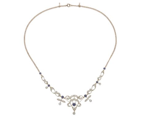 SAPPHIRE AND DIAMOND NECKLACE, EARLY 20TH CENTURY Designed as a series of scrolling and foliate motifs, suspending single, ro