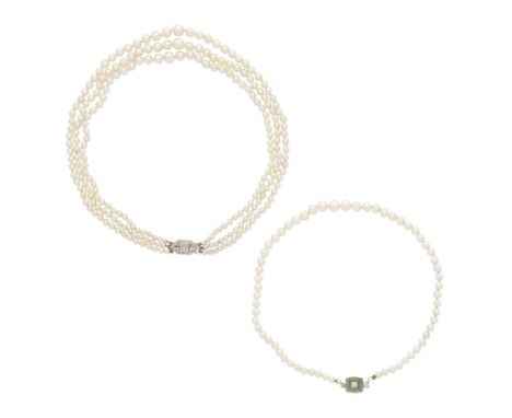 TWO CULTURED PEARL NECKLACES 1st: The three rows of 2.5-7.0mm cultured pearls, on a single-cut diamond set clasp, 2nd: The si