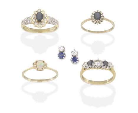 COLLECTION OF GEM-SET JEWELLERY 1st: The five-stone ring set with circular-cut sapphires and brilliant-cut diamonds, mounted 