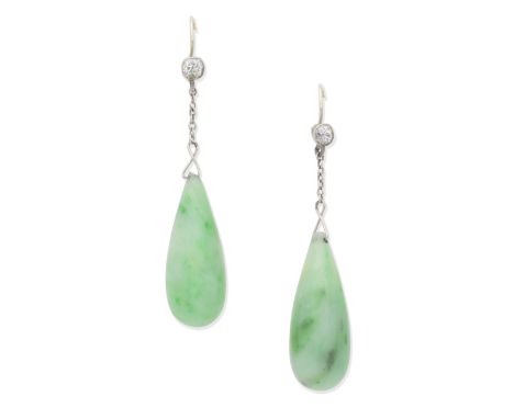 JADE AND DIAMOND PENDENT EARRINGS, EARLY 20TH CENTURY Each cushion-shaped diamond surmount suspending a jadeite jade drop, le