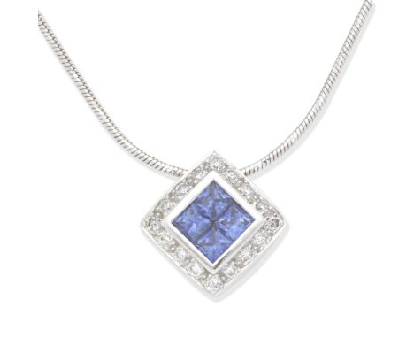 SAPPHIRE AND DIAMOND PENDANT/NECKLACE Set with square-cut sapphires, within a brilliant-cut diamond surround, on a snake-link