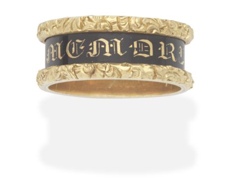 ENAMEL MEMORIAL RING, 1837 The 18 carat gold band, decorated with black enamel and inscribed IN MEMORY OF, the inner hoop ins