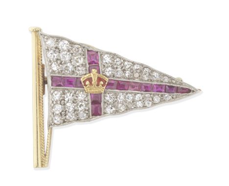 ENAMEL, RUBY AND DIAMOND ROYAL YACHT SQUADRON BURGEE BROOCHSet throughout with single-cut diamonds and calibré-cut rubies, th