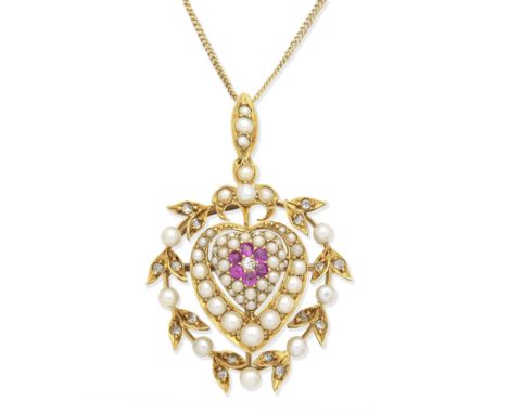 DIAMOND, RUBY AND SEED PEARL PENDANT/BROOCH Set with seed pearls, rose-cut diamonds, and circular-cut rubies, lengths: pendan