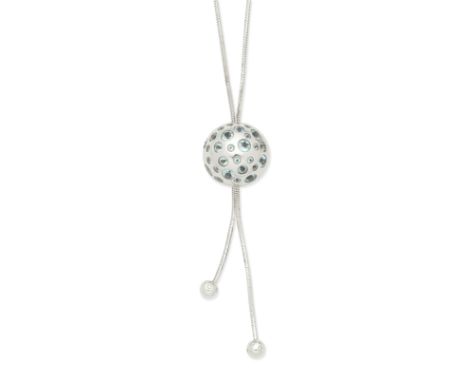 BLUE TOPAZ AND DIAMOND-SET NECKLACE The spherical pendant set with circular-cut blue topaz, suspending two tassels terminatin