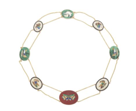 PIETRA DURA NECKLACE, LATE 19TH CENTURY Composed of eight graduating oval plaques depicting various hardstone inlay birds and