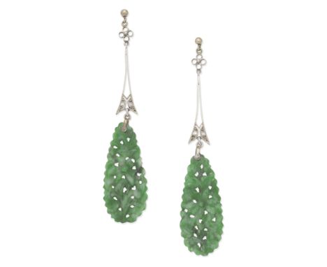 JADE AND DIAMOND-SET EARRINGS, CIRCA 1925 Of floral inspiration, each carved and pierced jadeite jade plaque suspended from a