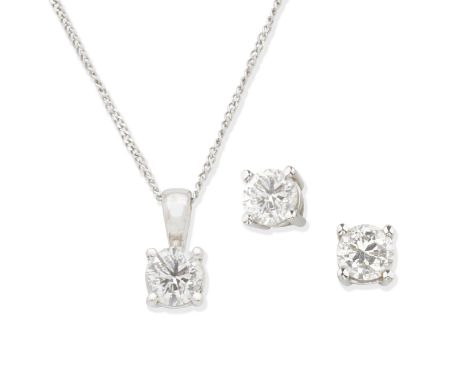 DIAMOND EARSTUDS AND PENDANT/NECKLACE 1st: Each set with a brilliant-cut diamond, mounted in 18 carat white gold, 2nd: The br