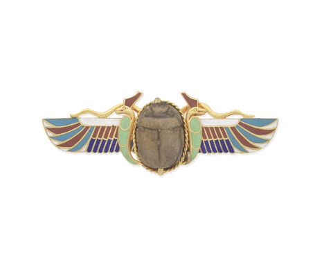 SCARAB HARDSTONE AND ENAMEL BROOCH The central hardstone carved to depict a scarab with engraved hieroglyphics to reverse, be