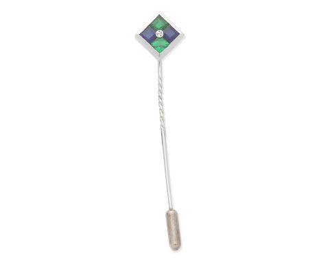 ASPREY: EMERALD, SAPPHIRE AND DIAMOND STICK PIN, 2001 Set with square-cut emeralds and sapphires, centrally set with a brilli