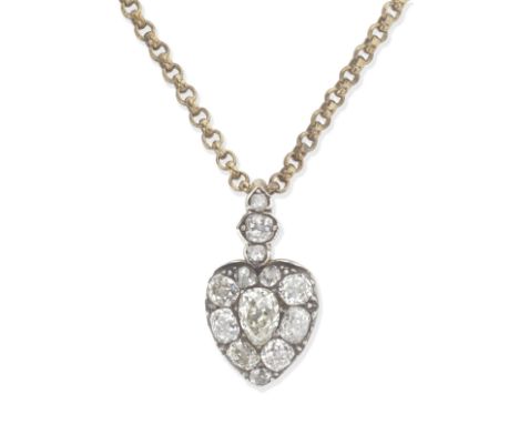 DIAMOND HEART PENDANT, 19TH CENTURY The central pear-shaped diamond within a cushion-shaped diamond surround, on a similarly-