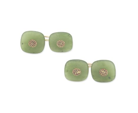 JANESICH: ENAMEL AND NEPHRITE CUFFLINKS, CIRCA 1925 Double-sided, each nephrite plaque with a central applied black and red e