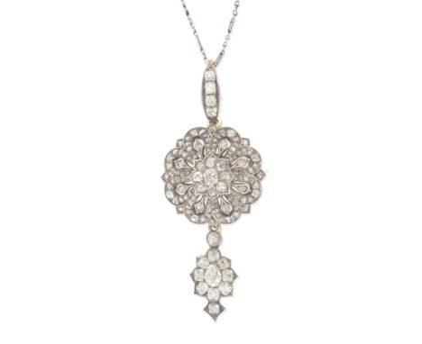 DIAMOND CLUSTER BROOCH/PENDANT NECKLACE, LATE 19TH CENTURY Of openwork floral design, the central flowerhead set with cushion