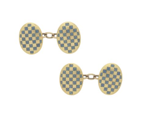 ENAMEL CUFFLINKS Double sided, each of chequerboard design, decorated with blue enamel, length 1.8cm  For further information
