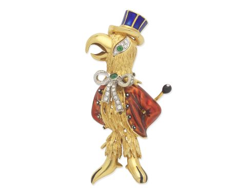 ENAMEL, EMERALD AND DIAMOND BIRD BROOCH, CIRCA 1975 Designed a bird dressed in a top hat and tails, holding a cane, decorated