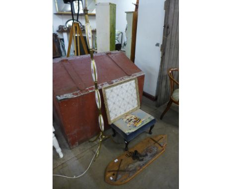 A lacework tray, upholstered stool, a brass standard lamp and pine coat hooks