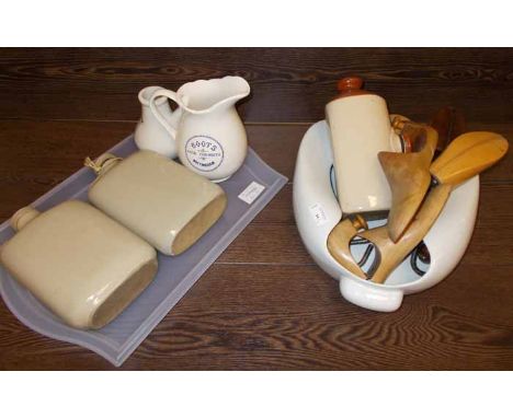 COLLECTION OF MEDICAL CERAMICS AND VINTAGE SHOE TREES including a hospital bed pan, Boots water jug, inhaler jug etc.