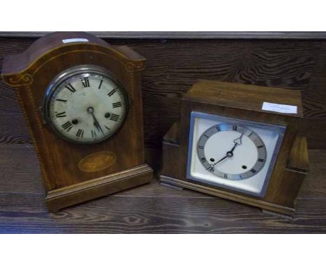 EARLY 20TH CENTURY MAHOGANY INLAID MANTLE CLOCK together with a square oak mantle clock