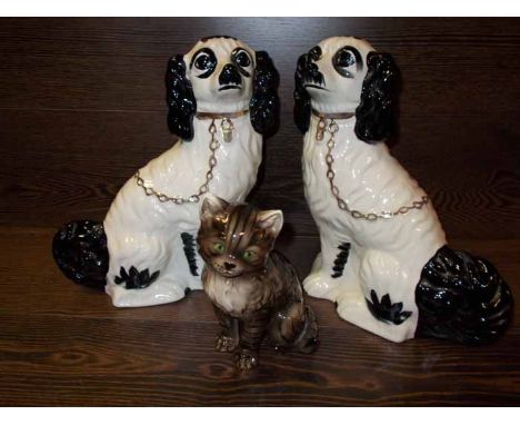 PAIR OF WALLY DOGS AND A CERAMIC CAT FIGURE