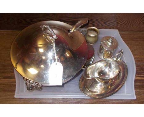 GOOD SILVER PLATED PUNCH BOWL with two lug handles modelled as lions' heads, with its ladle; together with other silver plate