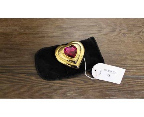YVES SAINT LAURENT POWDER COMPACT of heart shaped form, the lid set with a large pink paste/plastic