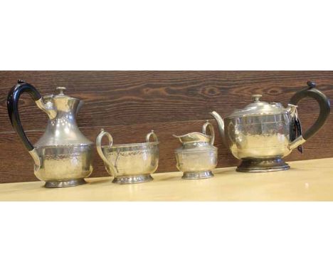 HAND-PLANISHED CORNISH PEWTER TEA SERVICE comprising tea pot, hot water pot, sugar and cream