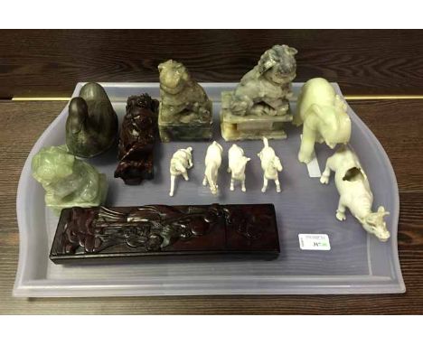COLLECTION OF CHINESE ANIMAL FIGURES including blanc de chine horses, hardstone lions, along with a rootwood carving, chopsti