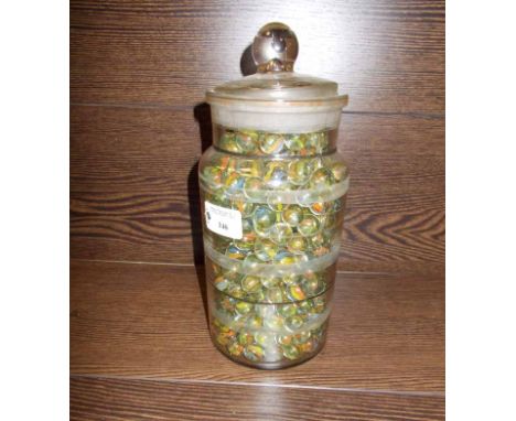 GLASS JAR FULL OF VINTAGE MARBLES