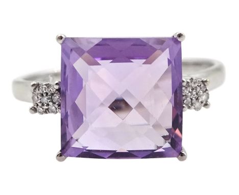 White gold three stone briolite cut square amethyst and round brilliant cut diamond ring, hallmarked 9ct Condition Report:App