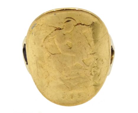 Gold curved half sovereign soldered ringCondition Report:Approx 4.57gm, band tested to 9ct, size L-M, very rubbed detail on s