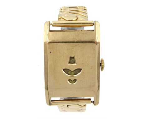 Swiss early 20th century 9ct gold manual wind Jump Hour wristwatch watch, Glasgow import marks 1932, on expanding gilt strapC