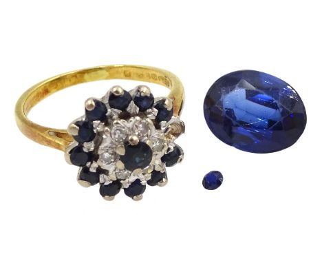 18ct gold sapphire and diamond flower head cluster ring, hallmarked and a loose synthetic oval sapphireCondition Report:Appro