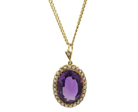 Late 19th/early 20th century gold oval amethyst and seed pearl cluster pendant, stamped 15ct, on later 9ct gold link necklace