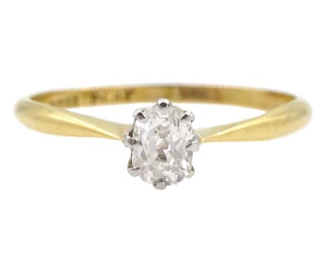 Early 20th century gold single stone old mixed oval cut diamond ring, stamped 18ct Plat, diamond approx 0.25 caratCondition R