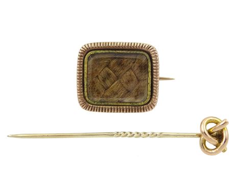 19th century rose gold hair work mourning brooch the reserve engraved 'S. Stenton Ob 25 Jan 1814 AE.49' and a 9ct gold knot d