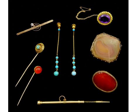 Collection of Victorian and later gold stone set jewellery including pair of turquoise pendant screw back earrings, amethyst 