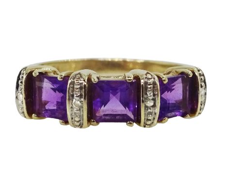 9ct gold three stone princess cut amethyst and diamond chip ring, hallmarkedCondition Report:Approx 2.6gm, size P