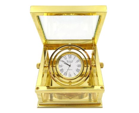 Sewills captains quartz desk clock, with gimble compass mount, in square display case, model No. 9731, boxed with papersCondi
