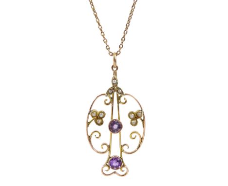 Edwardian 9ct rose gold open work split seed pearl and amethyst pendant, on gold trace link chain stamped 9ct and pearl penda