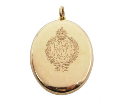 WW1 9ct rose gold hinged locket pendant with Royal Flying Corps and Royal Engineers engraved insignia, with officer photograp