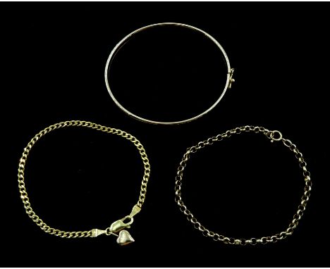 Gold flat curb link bracelet with gold heart charm, gold belcher link bracelet and a gold bangle, all 9ct stamped or hallmark