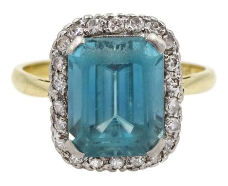 15ct gold emerald cut blue zircon and diamond cluster ringCondition Report:Approx 5.3gm, size P, overall head = 14mmx 12mm, s