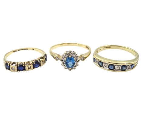 Two gold sapphire and diamond rings and a gold blue topaz and diamond cluster ring, all hallmarked 9ctCondition Report:Approx