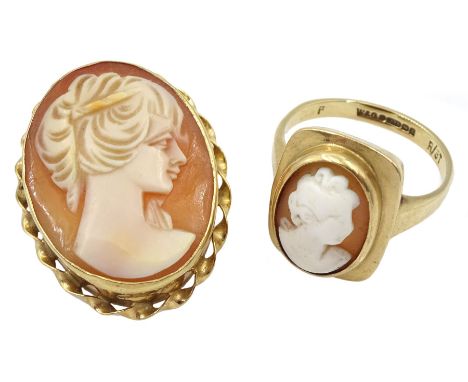 Gold cameo ring and cameo brooch, both hallmarked 9ctCondition Report:Approx 8.15gm, ring size N-O