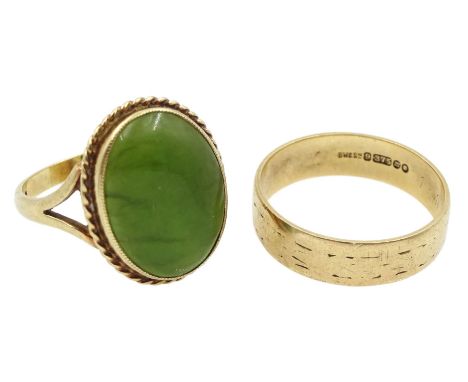 Gold green hardstone ring with rope twist decoration border and a gold wedding band, both hallmarked 9ctCondition Report:Wedd