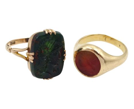 Early 20th century rose gold bloodstone intaglio Roman centurion ring, makers mark W.N, stamped 9c and one other 14ct gold ag