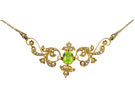 Edwardian peridot and split pearl necklace, central emerald cut peridot with open work foliate design split pearl surround, o