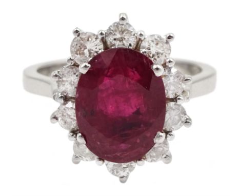 18ct white gold oval Thai ruby and round brilliant cut diamond cluster ring, hallmarked, ruby approx 3.10 carat, total diamon